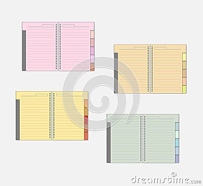 Open spiral notebook with color pages and tab dividers, mockup set Vector Illustration