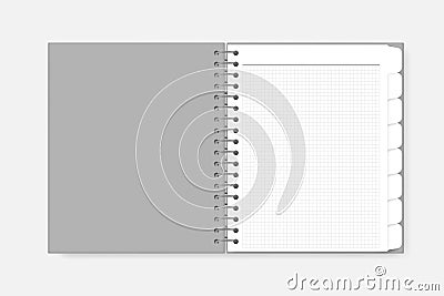 Open spiral white graph paper notebook with divider tab pages, realistic mockup. Wire bound bookmark sheet notepad spread, vector Vector Illustration