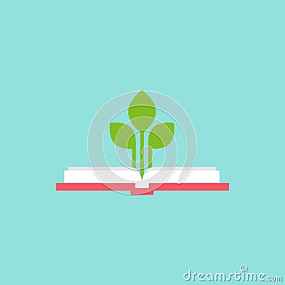 Open squared book with green sprigs and leaves. Flat icon isolated on powder blue background Cartoon Illustration