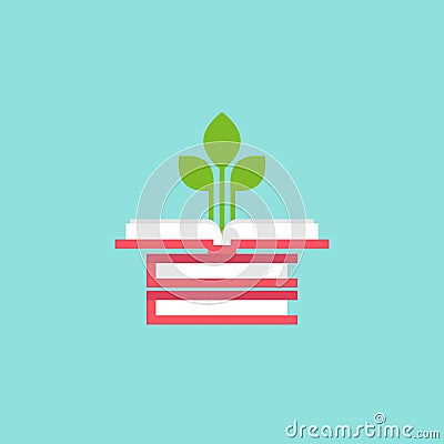 Open squared book with green sprigs and leaves. Flat icon isolated on powder blue background Vector Illustration
