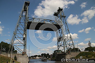 Steel vertical lifting bridge over the Gouwe Canal at Boskoop in the Netherlands, Editorial Stock Photo