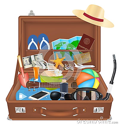 Open suitcase bag with beach travel object Vector Illustration