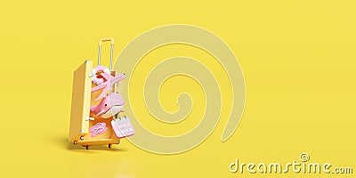 Open suitcase with calendar, airplane icons, lifebuoy, pink whale, sandals isolated on yellow background. summer travel concept, Cartoon Illustration