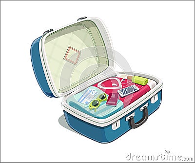 Open suitcase with clothes for travel. Vector Illustration