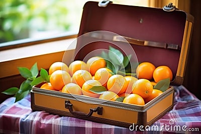 an open suitcase packed with fresh oranges Stock Photo