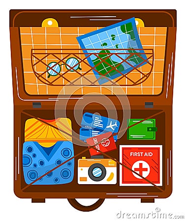 Open suitcase packed with travel essentials, neat and organized. Essential items for a journey, map, camera, and first Vector Illustration