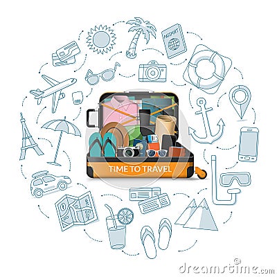 Open suitcase packed for travel. Vector Illustration