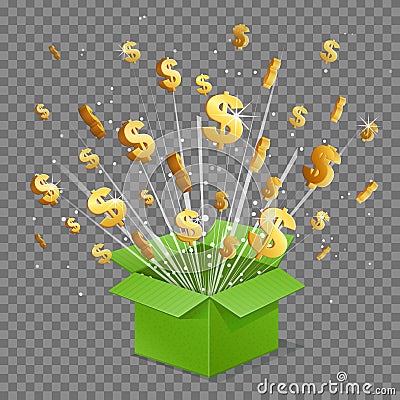 Open surprise box light beam explosion and flying dollar signs Vector Illustration