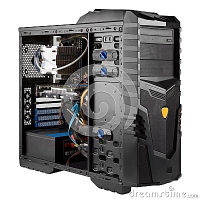 Open system unit isolated, computer case with side panel detached, letting you see all the gaming components inside, including gra Stock Photo