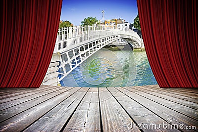 Open theater red curtains against the bridge in Dublin Stock Photo