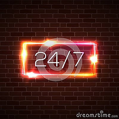 Open time 24 7 hours neon light sign on brick wall Vector Illustration