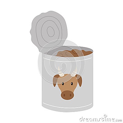 An open tin can with beef stew. Food, dry rations for field conditions, camping, hiking, traveling. Flat vector illustration Vector Illustration