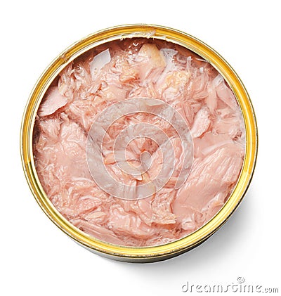 Open tin can with tuna isolated on white. Close-up. Stock Photo