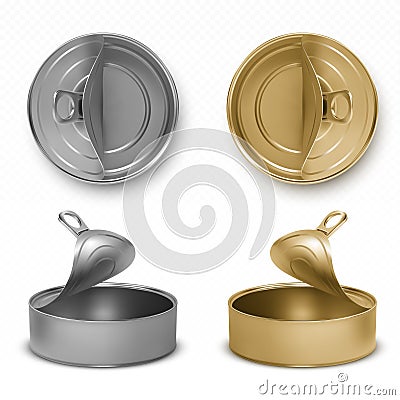 Open tin cans, pet food mockup jars with pull ring Vector Illustration