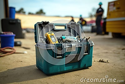 Open toolbox on construction site. Close up, focus on foreground Stock Photo