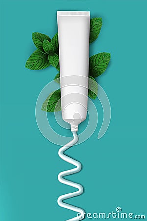 Open toothpaste tube. White refreshing cream. Realistic mint tooth paste. Menthol herbs for fresh breathing. Lotion Vector Illustration