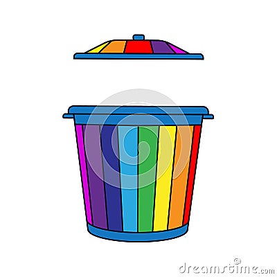 Open trash can in the form of a rainbow. Cartoon Illustration