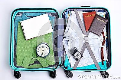 Open traveler suitcase close up. Stock Photo