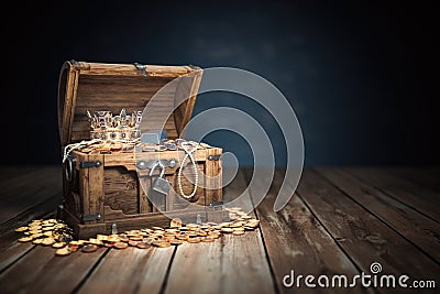 Open treasure chest filled with golden coins, gold and jewelry Cartoon Illustration