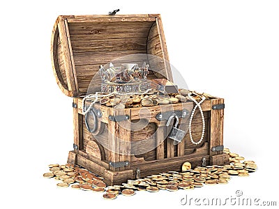 Open treasure chest filled with golden coins, gold and jewelry isolated on white background Cartoon Illustration