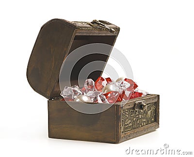 Open treasure chest with jewelry isolated on white Stock Photo