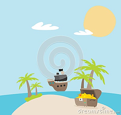 Open treasure chest and pirates stuff on a desert island flat design Vector Illustration