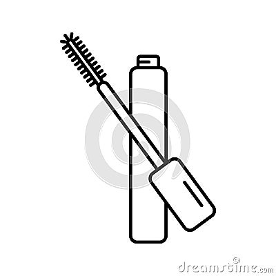 Open tube of mascara icon. Linear logo of makeup. Black simple illustration of eyelash brush and container. Contour isolated Vector Illustration