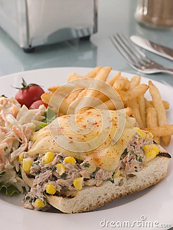 Open Tuna and Sweet corn Melt with Coleslaw Stock Photo
