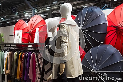 Open umbrellas on the Yoel stand during Momad 2023 Madrid Spain Editorial Stock Photo