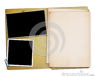 Open vintage folder with two old photographs, Stock Photo