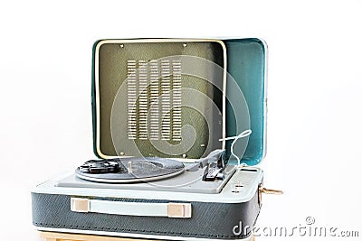 Open vintage suitcase turntable isolated on white background Stock Photo
