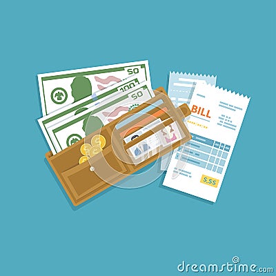 Open wallet with cash money, gold coins, credit cards, bills. Cash payment for goods, service, utility, restaurant. Flat vector Vector Illustration