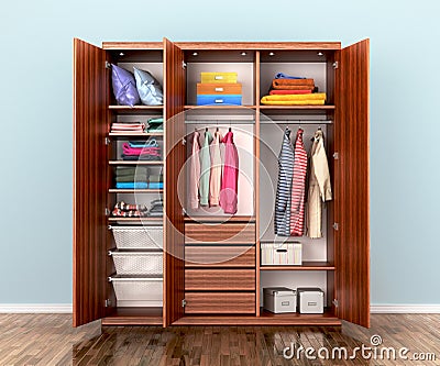 Open wardrobe compartment with clothes Cartoon Illustration