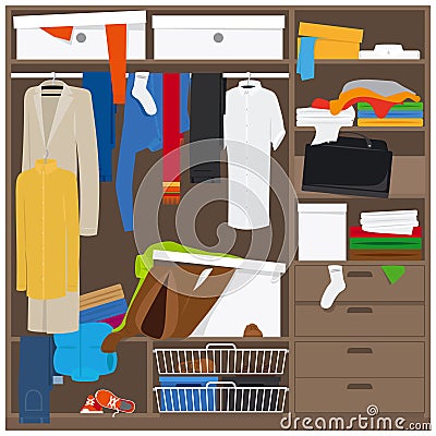 Open wardrobe with mess clothes Vector Illustration