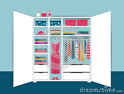 Open wardrobe. White closet with tidy clothes, shirts, sweaters, boxes and shoes. Home interior. Vector Illustration