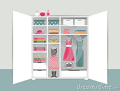 Open wardrobe. White closet with tidy clothes, shirts, sweaters, boxes and shoes. Home interior. Vector Illustration