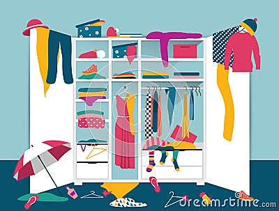 Open wardrobe. White closet with untidy clothes. Vector Illustration