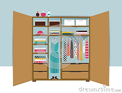 Open wardrobe. Wooden closet with tidy clothes, shirts, sweaters, boxes and shoes. Home interior Vector Illustration