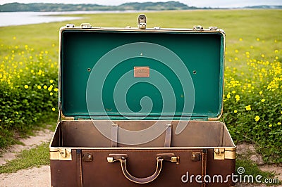 An open brown suitcase lying on a dirt road. Stock Photo