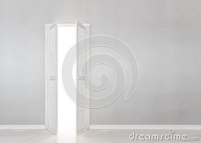 Open White Door on gray Wall Stock Photo