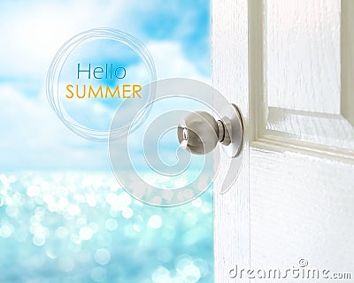 Open white door to sea view for Hello Summer concept Stock Photo