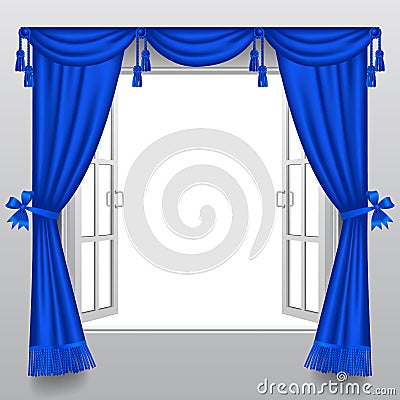 Open white double window with classic blue blinds Vector Illustration