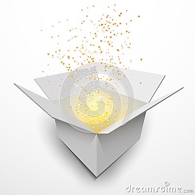 Open white gift box with magic light effect Vector Illustration