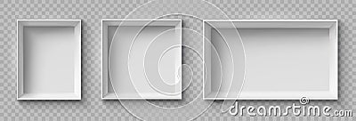 Open white gift boxes set, white square box top view, empty packages mockup 3d isolated, container mockup, empty carton package Vector Illustration
