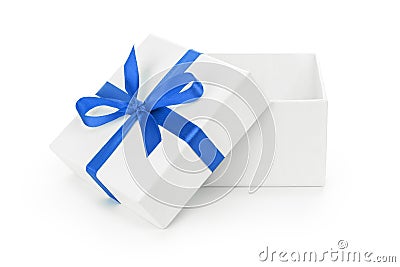 Open white textured gift box with blue ribbon bow Stock Photo