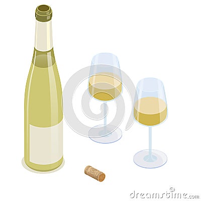 Open white winebottle , two full glasses, a corkscrew and a cork. Isolated vector isometric illustration on white Vector Illustration