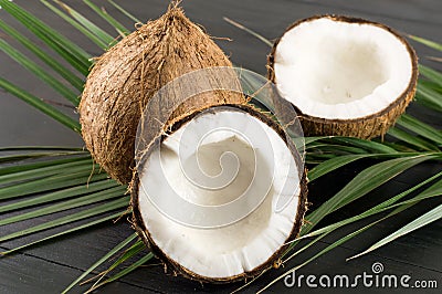 Open and whole coconuts and palm leaves Stock Photo