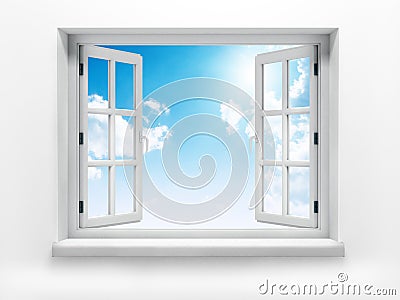 Open window against a white wall and the cloudy Stock Photo