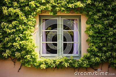 open window bordered by ivy on a quaint cottage Stock Photo