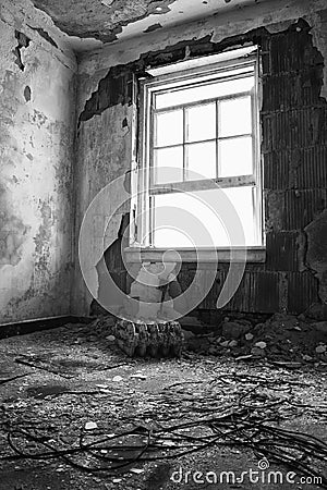 Open Window in Falling Apart Room Stock Photo